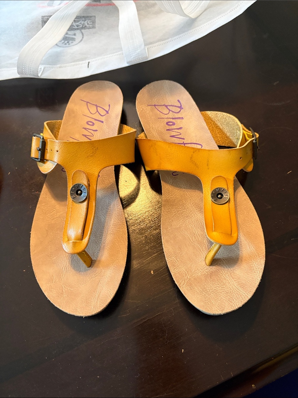 Blowfish Women's Mustard Yellow T-strap Sandals with Buckle